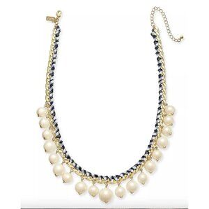 Kate Spade Pretty Pearly Crew Blue White Gingham Pearl Chain Necklace 17-20"